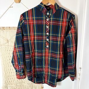 Jcrew Stewart Black Scottish Tartan Plaid Button-Up Crystal Button Shirt Size 8